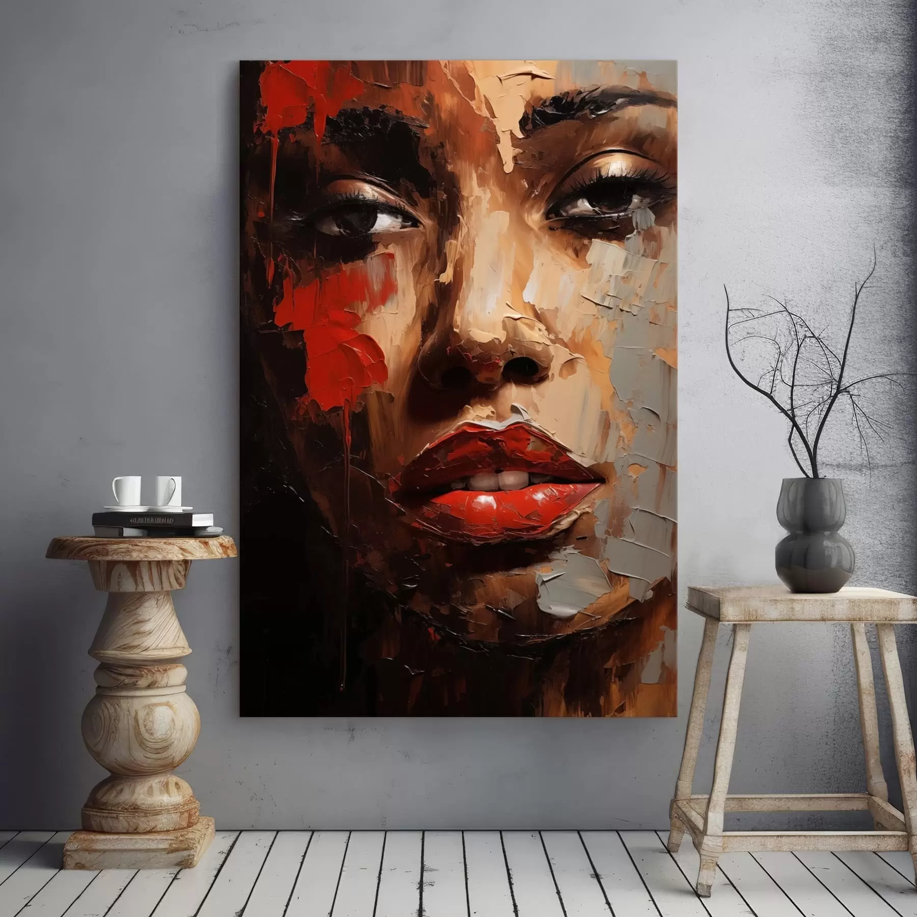 Obraz Wyrazisty portret kobiety z czerwonymi akcentami s47293