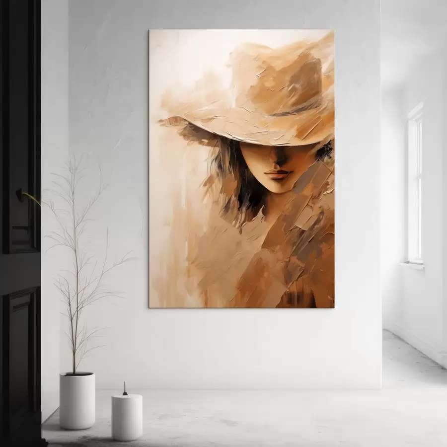 Obraz Kobieta w kapeluszu namalowana ciepłymi pociągnięciami pędzla s47315