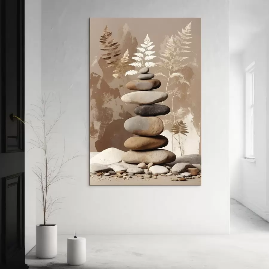 Obraz Stos gładkich kamieni na tle roślinności s47764