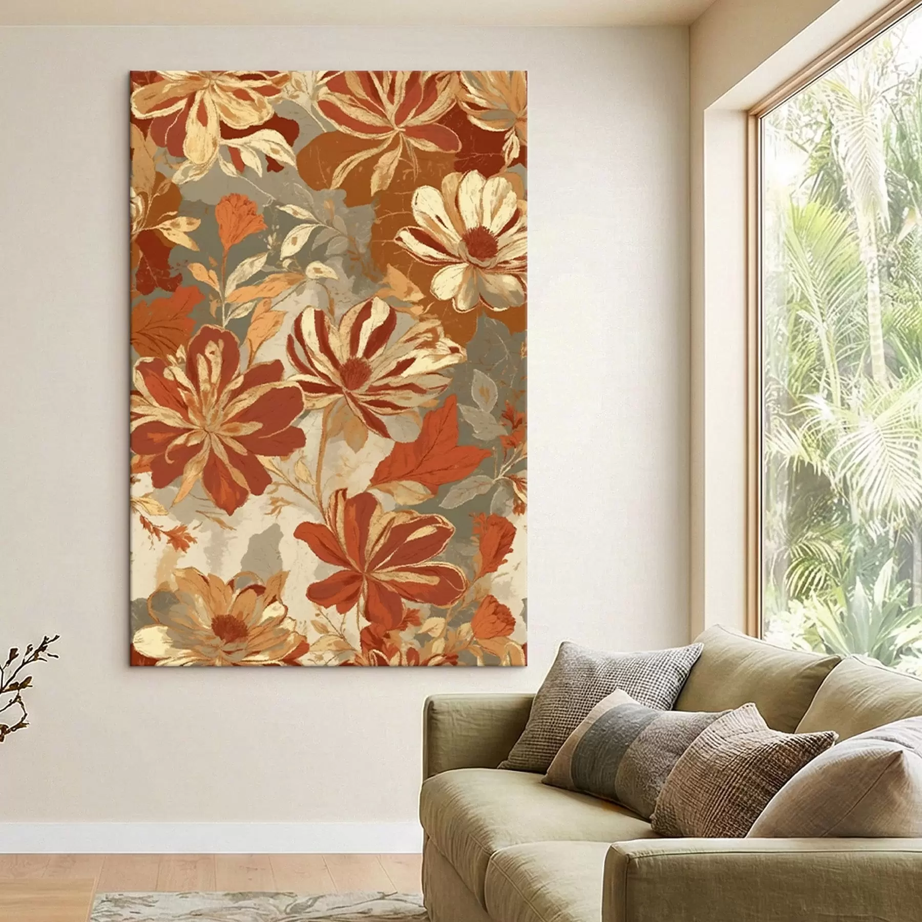 Obraz Kwiatowy wzór w ciepłych odcieniach rdzy i kremu s47770