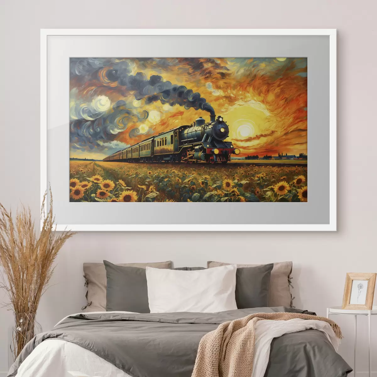 Plakat Pociąg parowy na polu z dramatycznym niebem f47257