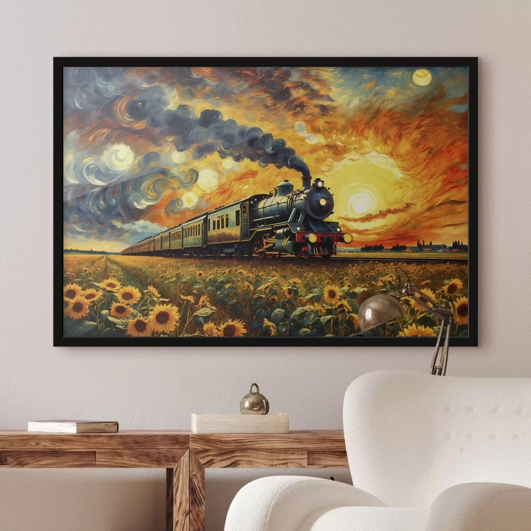 Fototapeta Pociąg parowy na polu z dramatycznym niebem f47257