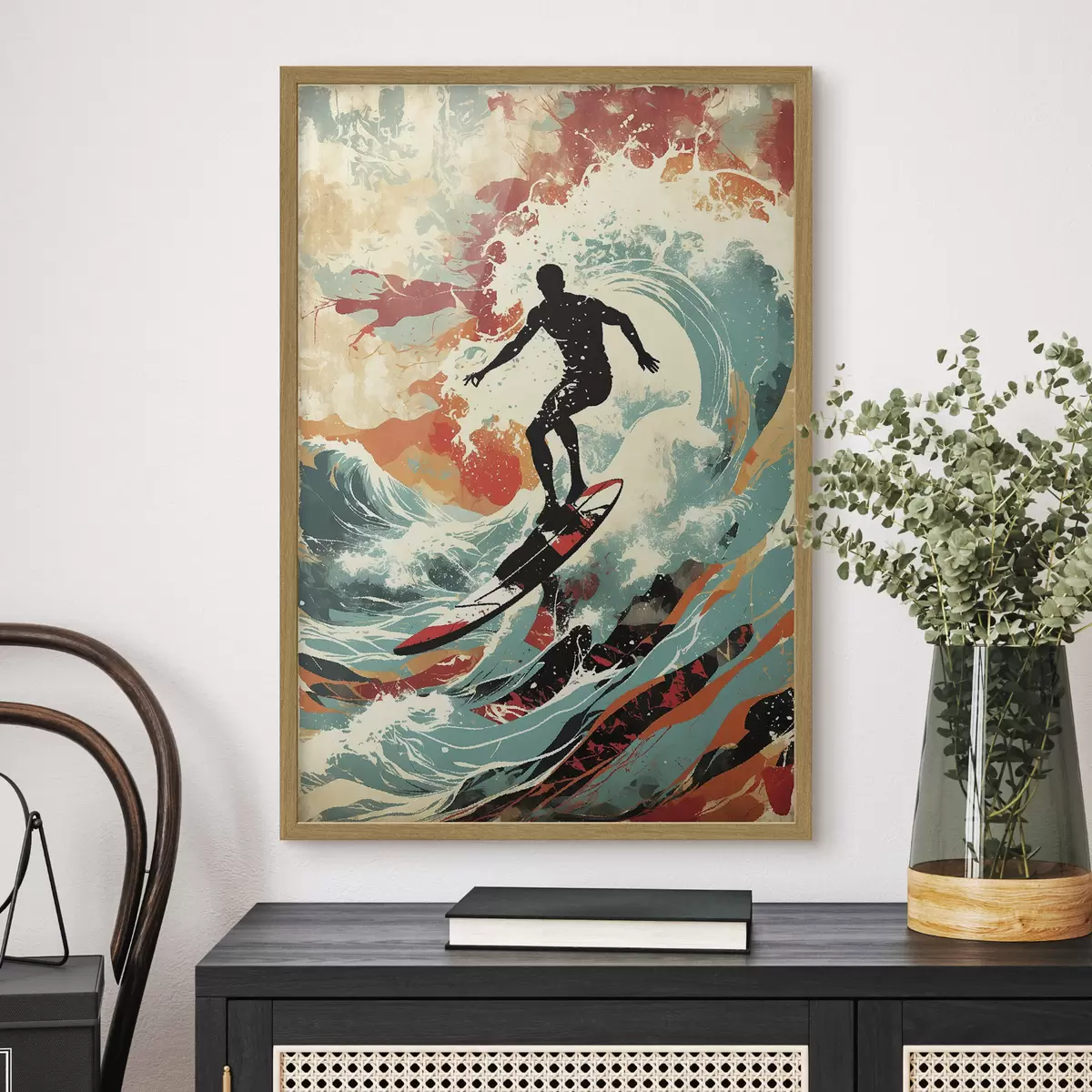 Plakat Sylwetka surfera na falach w żywych kolorach f47284