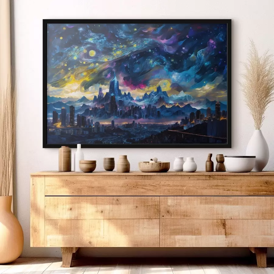 Fototapeta Fantastyczne miasto pod rozgwieżdżonym nocnym niebem f47288