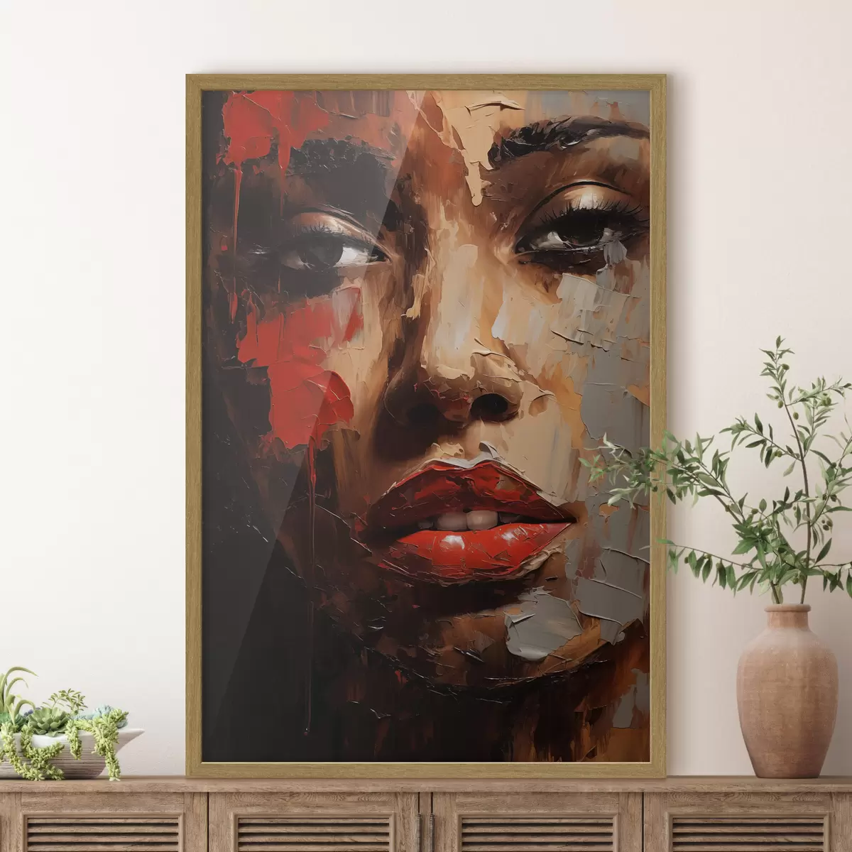 Plakat Wyrazisty portret kobiety z czerwonymi akcentami f47293