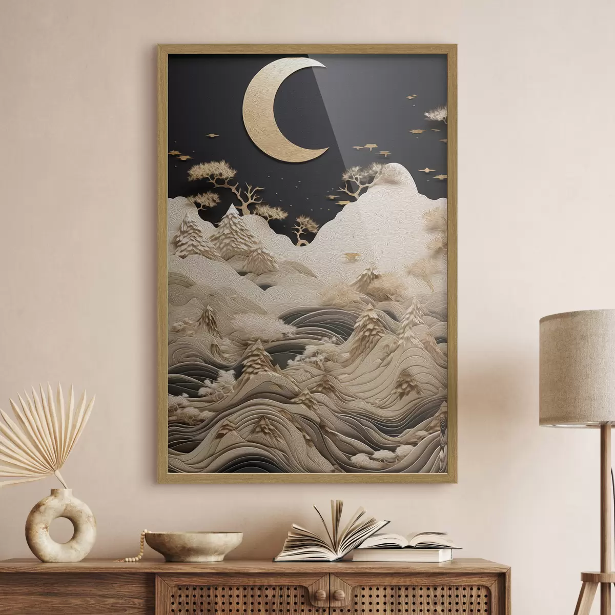 Plakat Stylizowane góry i drzewa pod księżycem f47300