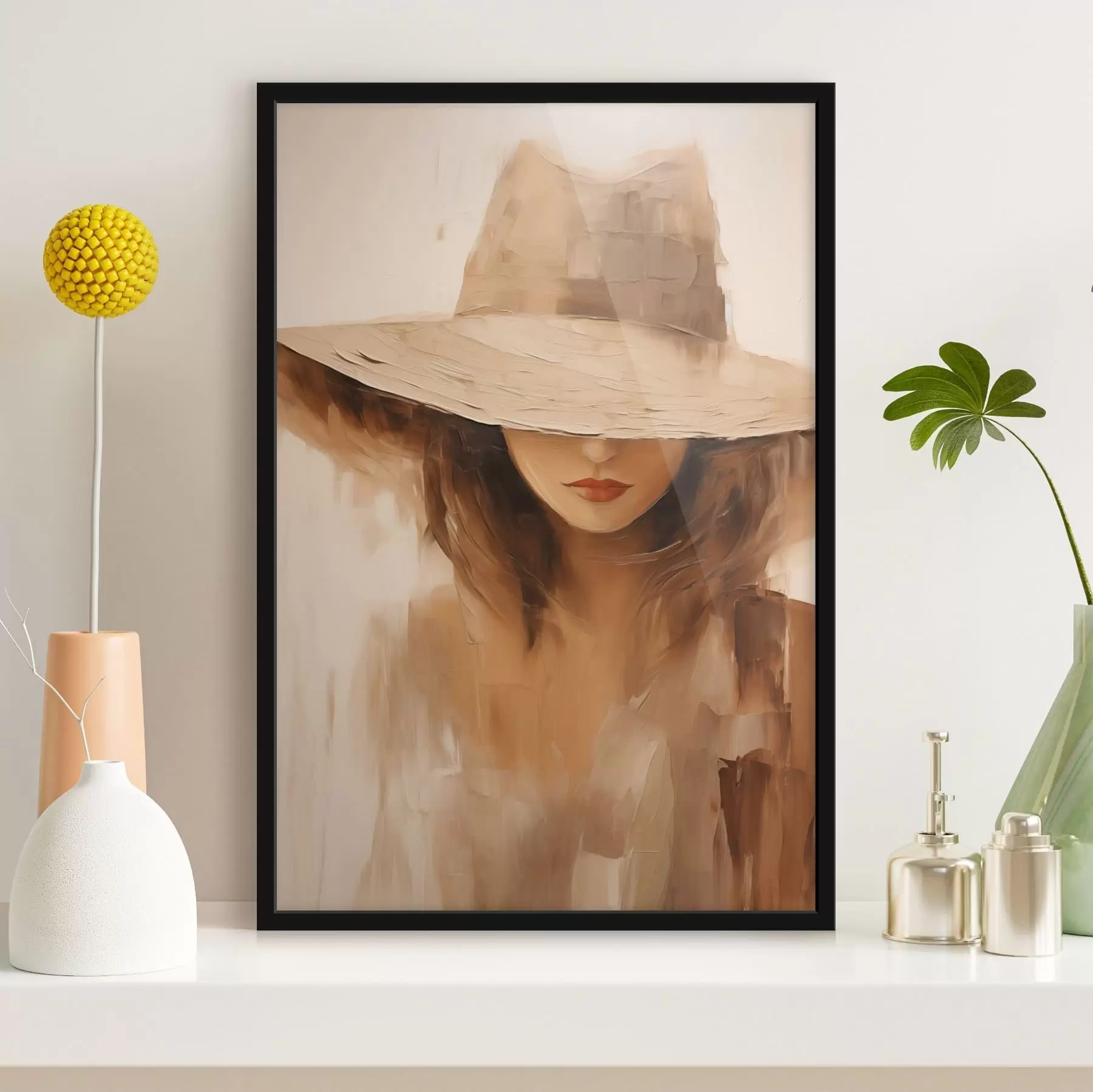 Fototapeta Kobieta w kapeluszu namalowana ciepłymi, abstrakcyjnymi pociągnięciami pędzla f47312