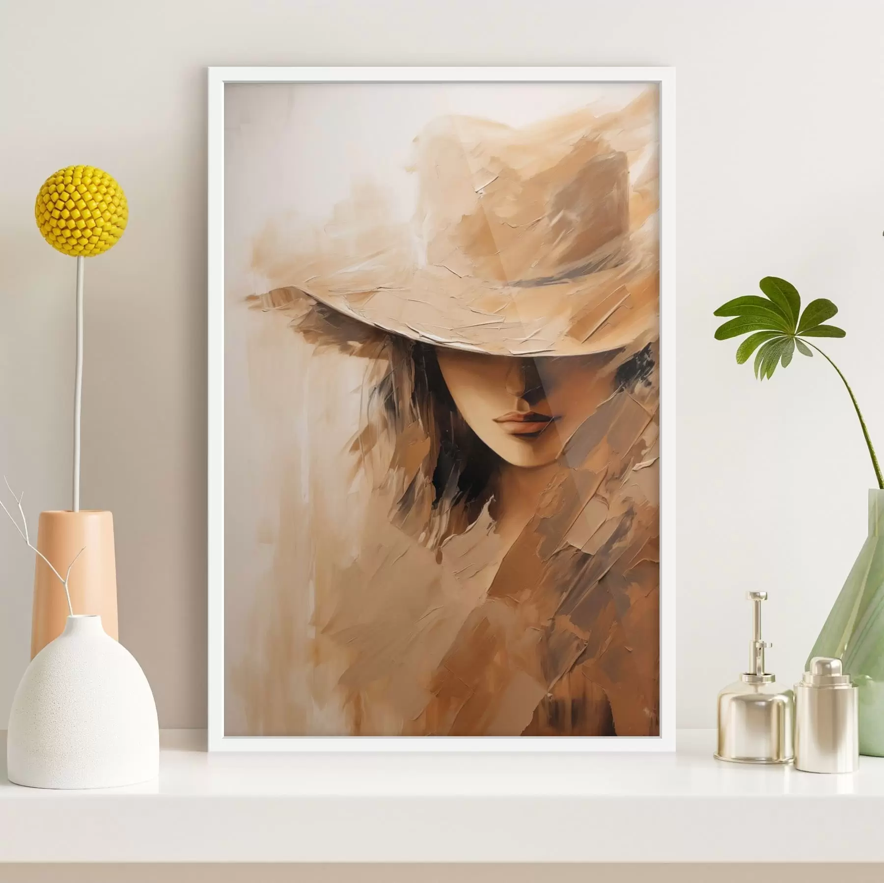 Fototapeta Kobieta w kapeluszu namalowana ciepłymi pociągnięciami pędzla f47315