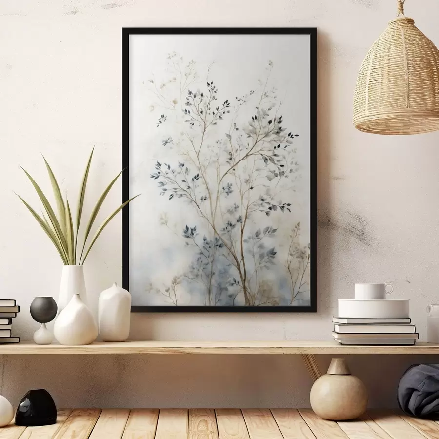 Fototapeta Delikatne gałęzie z małymi liśćmi na jasnym tle f47763