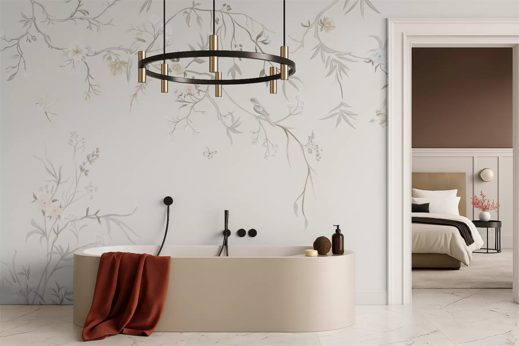 Fototapeta Delikatne kwiaty i ptaki na kredowym tle w05127