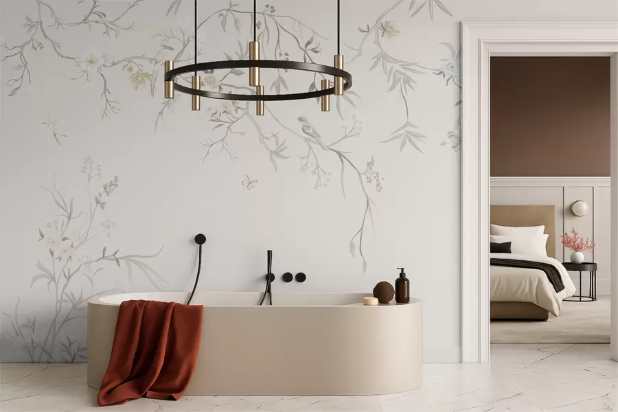 Fototapeta Delikatne kwiaty i ptaki na kredowym tle w05127