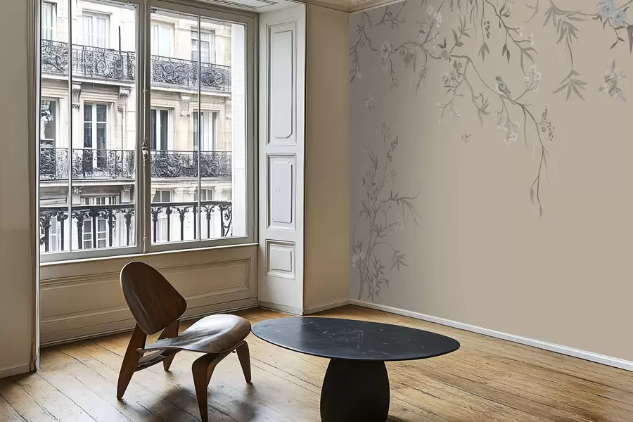 Fototapeta Kwiatowe gałęzie z ptakami na ciepłym beżowym tle w05127v1