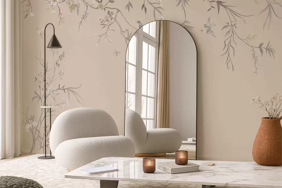 Fototapeta Kwiatowe gałęzie z ptakami na ciepłym beżowym tle w05127v1