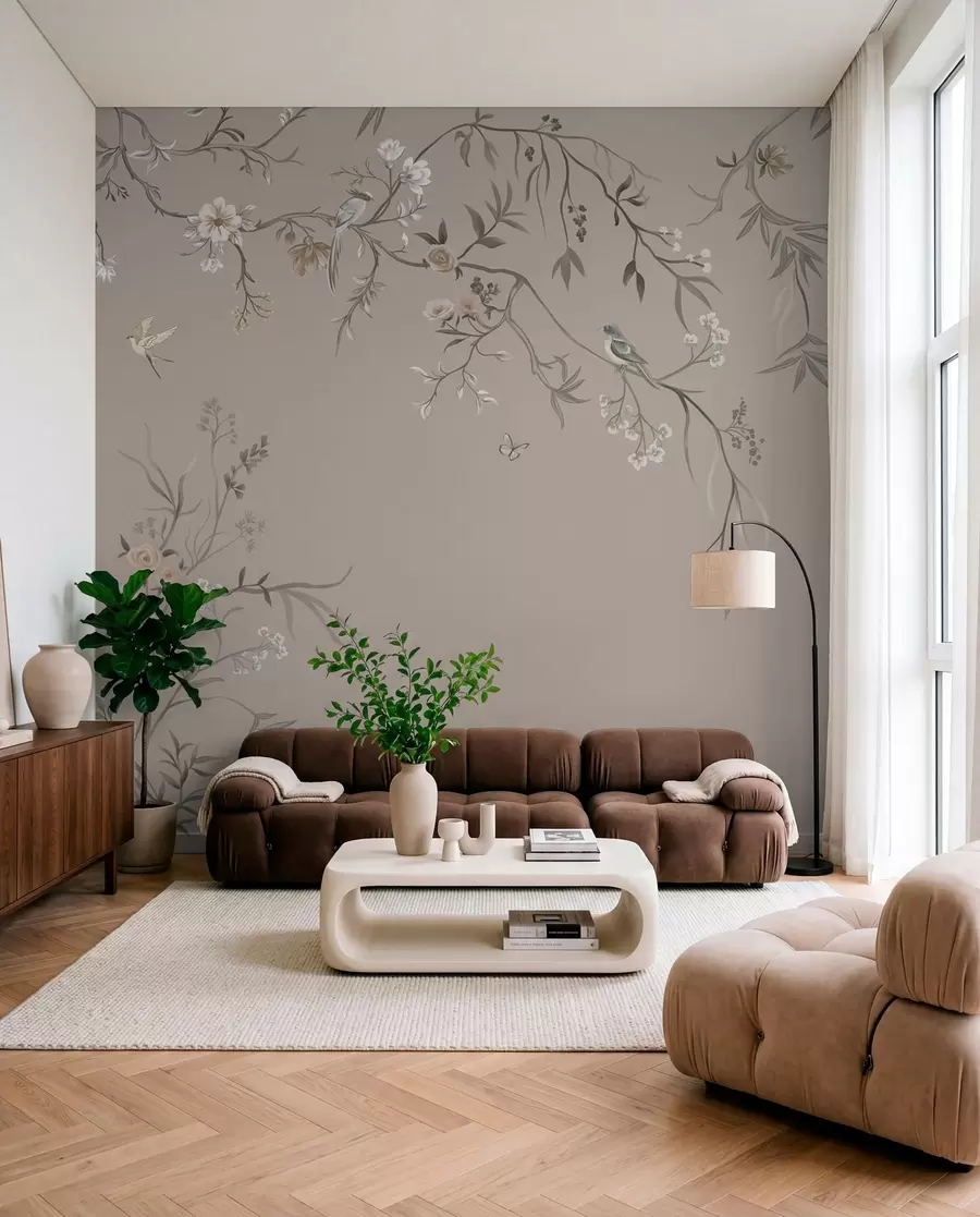 Fototapeta Gałęzie i ptaki na tle taupe w05127v3