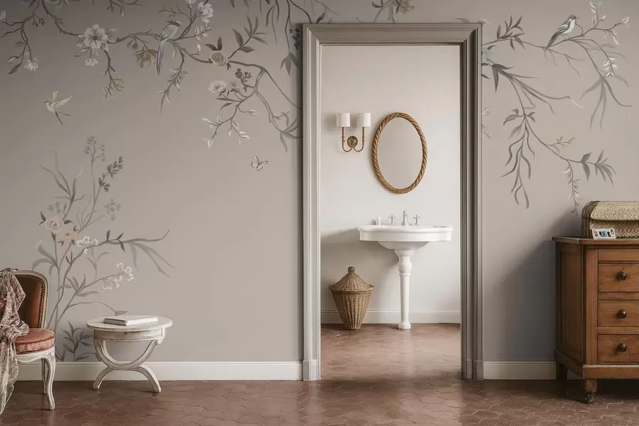 Fototapeta Kwiatowy ornament z ptakami na neutralnym tle w05127v3