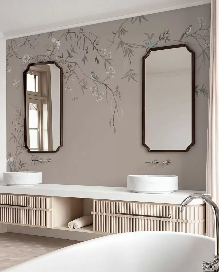 Fototapeta Gałęzie i ptaki na tle taupe w05127v3