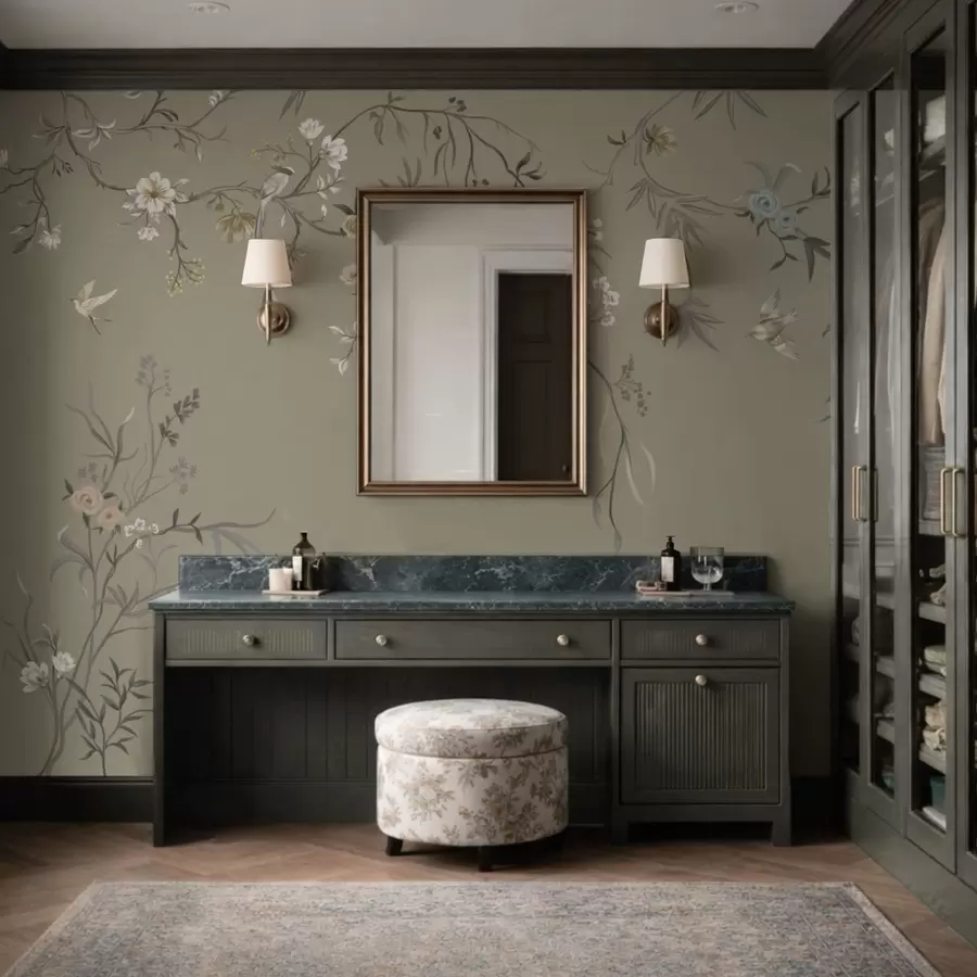 Fototapeta Motyw kwiatowy z ptakami na szarym tle w05127v4