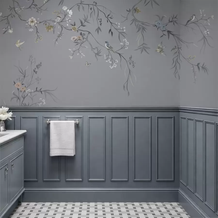 Fototapeta Kwiatowe gałęzie z ptakami na zielonkawym tle w05127v5