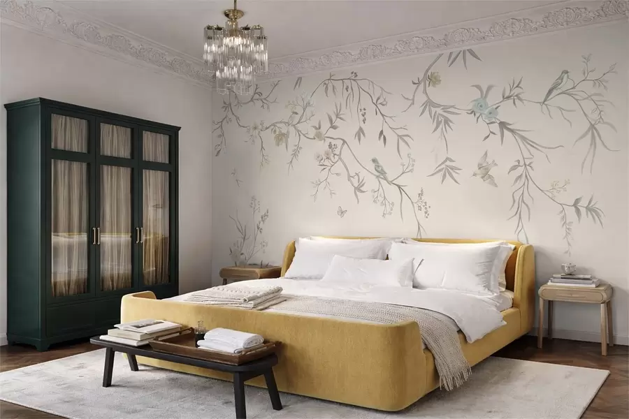 Fototapeta Kwiatowe gałęzie z ptakami na jasnym tle w05127v7