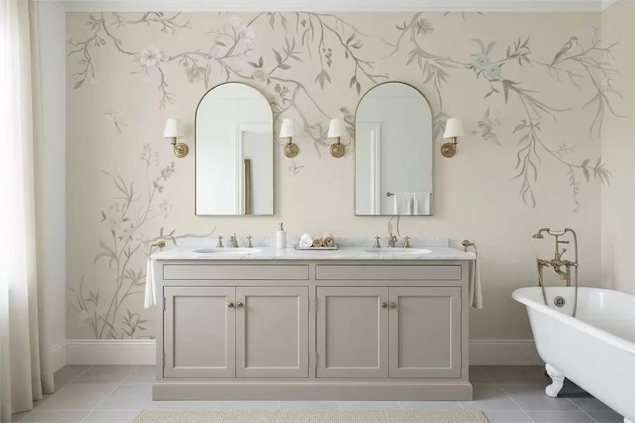 Fototapeta Kwiatowe gałęzie z ptakami na jasnym tle w05127v7