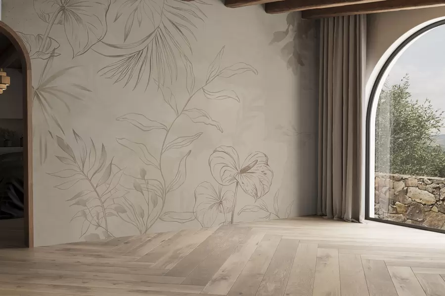 Fototapeta Liniowe rośliny na teksturowanym beżowym tle w05128