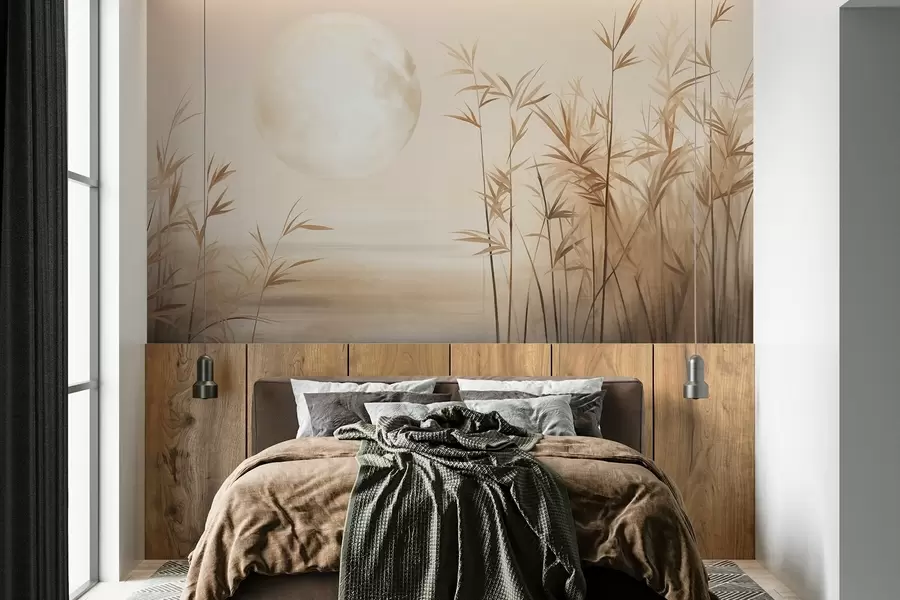 Fototapeta Teksturowany krajobraz z wysokimi trzcinami, jeziorem i bladym księżycem na zamglonym niebie w09631