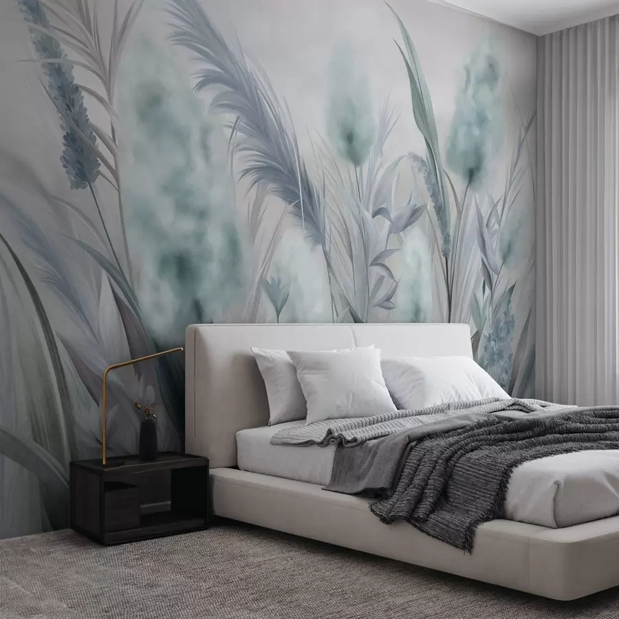 Fototapeta Niebieska i szara trawa pampasowa oraz inne suszone kwiaty na tle delikatnego, zamglonego nieba. w09635v1