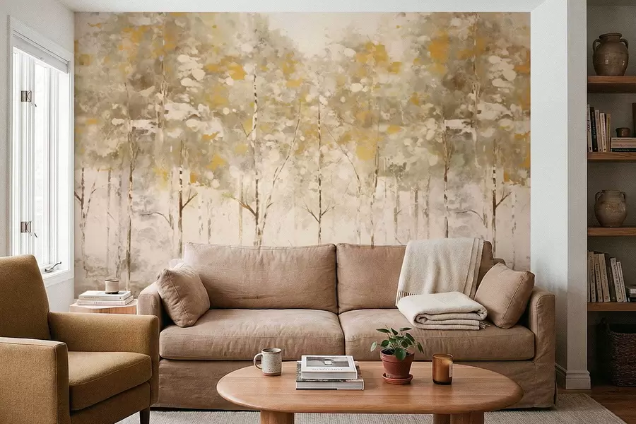 Fototapeta Stylizowany las z smukłymi drzewami w ciepłych barwach w05221