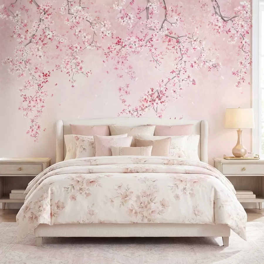 Fototapeta Gałęzie z różowymi kwiatami na delikatnym pastelowym tle w05129v1