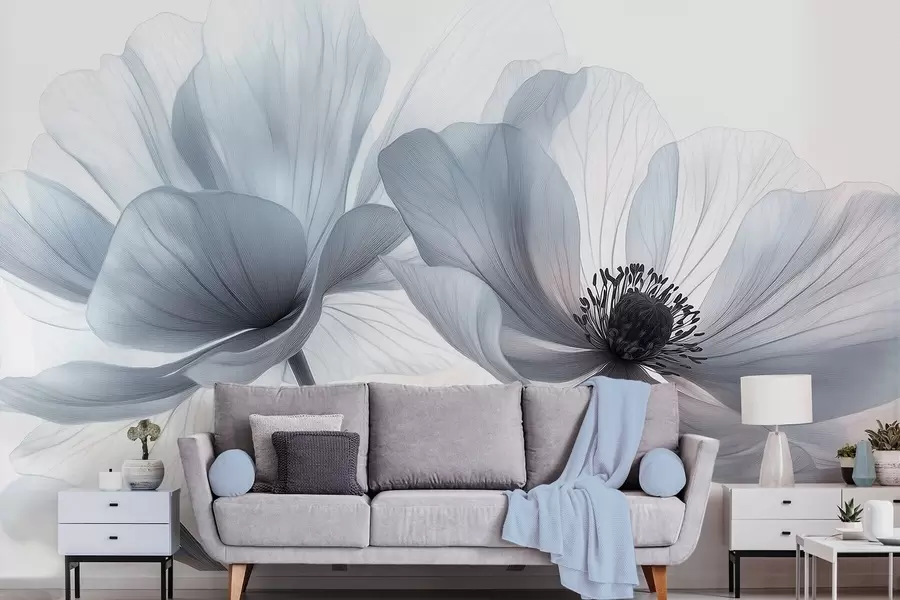 Fototapeta Przezroczyste niebieskawo-białe kwiaty na jasnym tle w09720