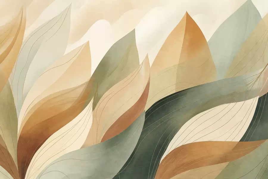 Fototapeta Abstrakcyjne liście, stonowane odcienie zieleni i pomarańczy z delikatnymi detalami linii, miękka faktura akwareli. w09736