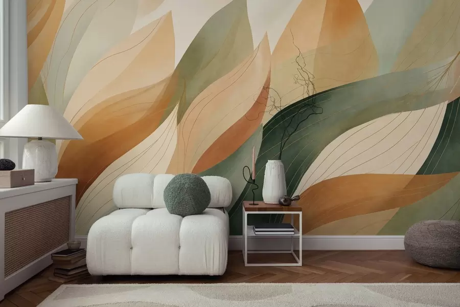 Fototapeta Abstrakcyjne liście, stonowane odcienie zieleni i pomarańczy z delikatnymi detalami linii, miękka faktura akwareli. w09736