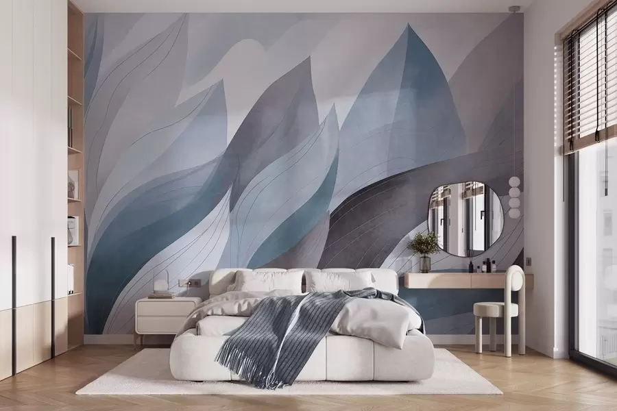 Fototapeta Abstrakcyjne liście, stonowane odcienie błękitu z delikatnymi detalami linii, miękka faktura akwareli. w09736v1