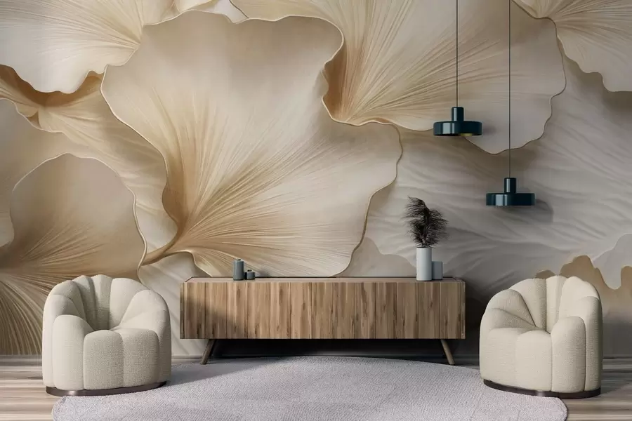 Fototapeta Teksturowane, beżowe i białe płatki liści miłorzębu japońskiego z delikatnym organicznym nadrukiem w09741