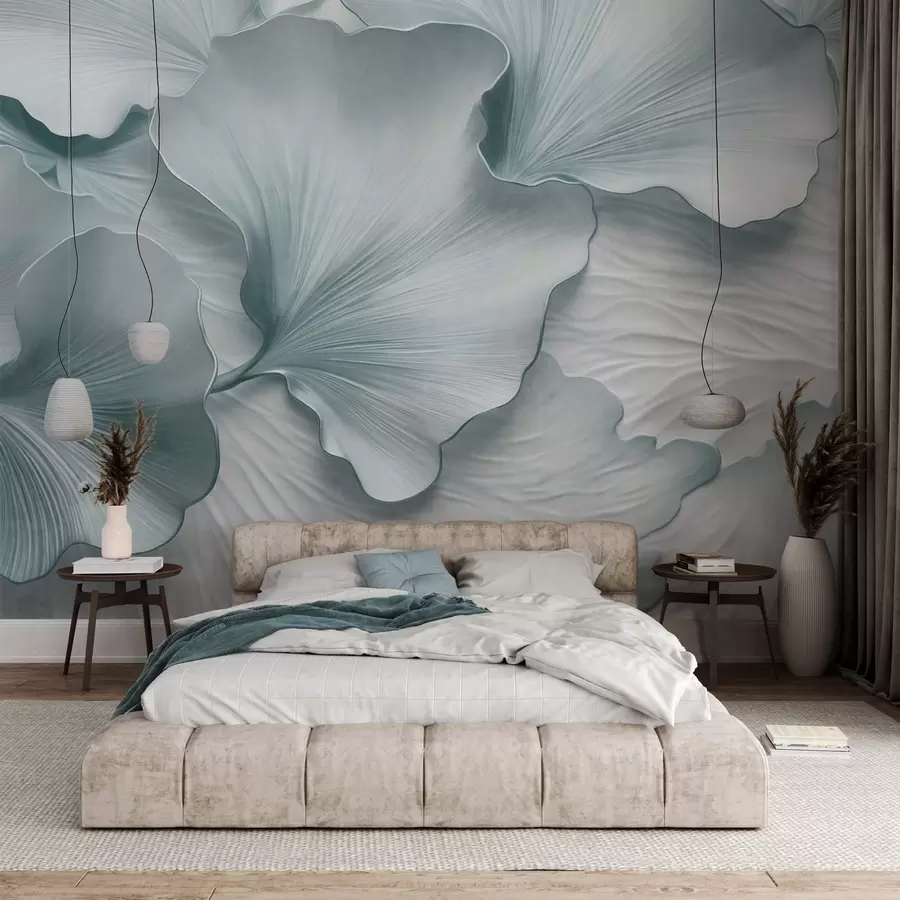 Fototapeta Teksturowane, niebiesko-białe płatki liści miłorzębu japońskiego z delikatnym organicznym nadrukiem w09741v1