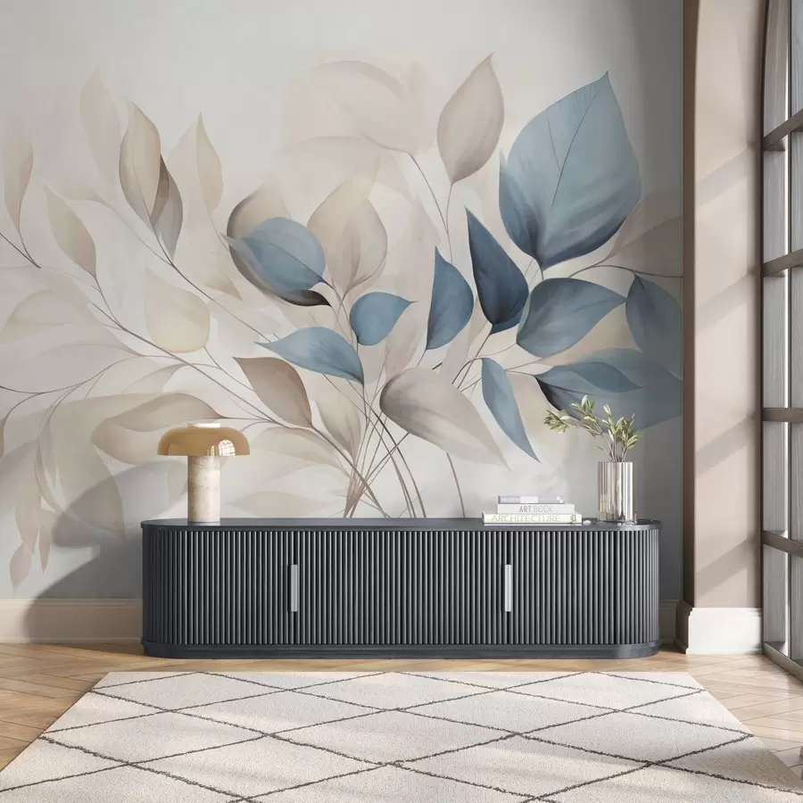 Fototapeta Abstrakcyjne, półprzezroczyste liście w odcieniach niebieskiego, beżu i kremu, teksturowana grafika w09744