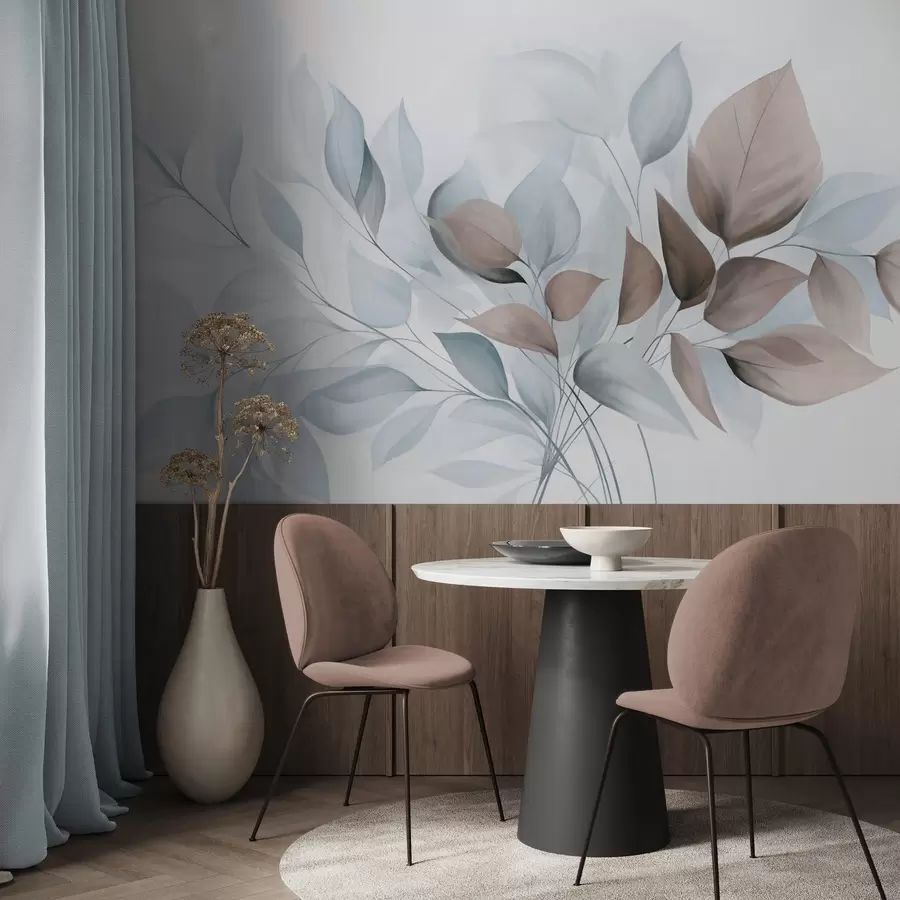 Fototapeta Abstrakcyjne, półprzezroczyste liście w odcieniach niebieskiego, beżu i brązu, teksturowana grafika w09744v1