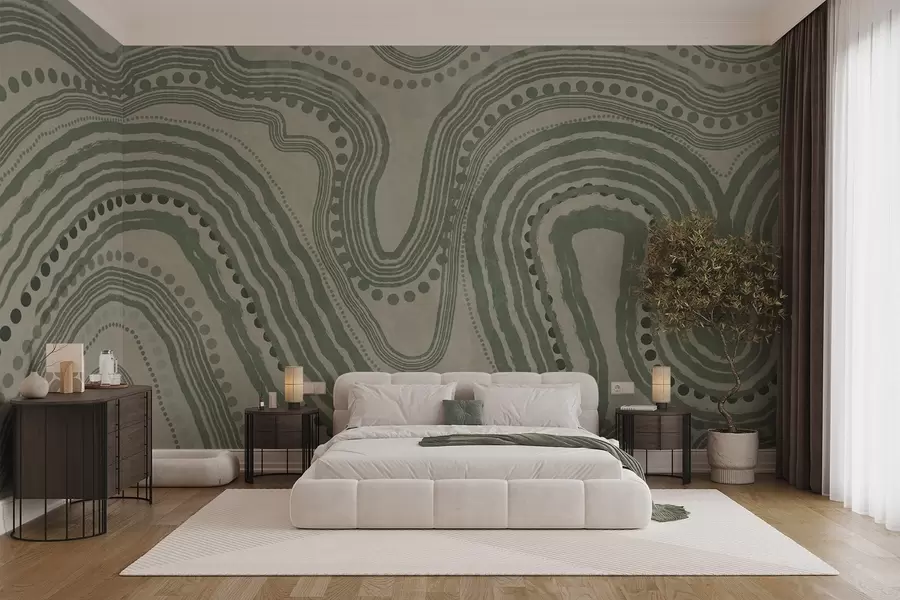 Fototapeta Abstrakcyjne zielone i beżowe faliste linie i kropki, nowoczesna sztuka teksturowana w09747