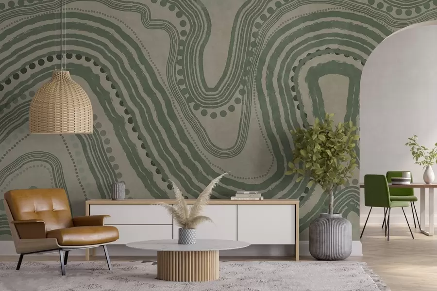 Fototapeta Abstrakcyjne zielone i beżowe faliste linie i kropki, nowoczesna sztuka teksturowana w09747