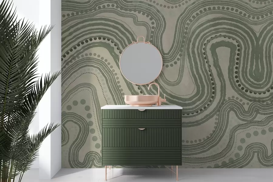 Fototapeta Abstrakcyjne zielone i beżowe faliste linie i kropki, nowoczesna sztuka teksturowana w09747