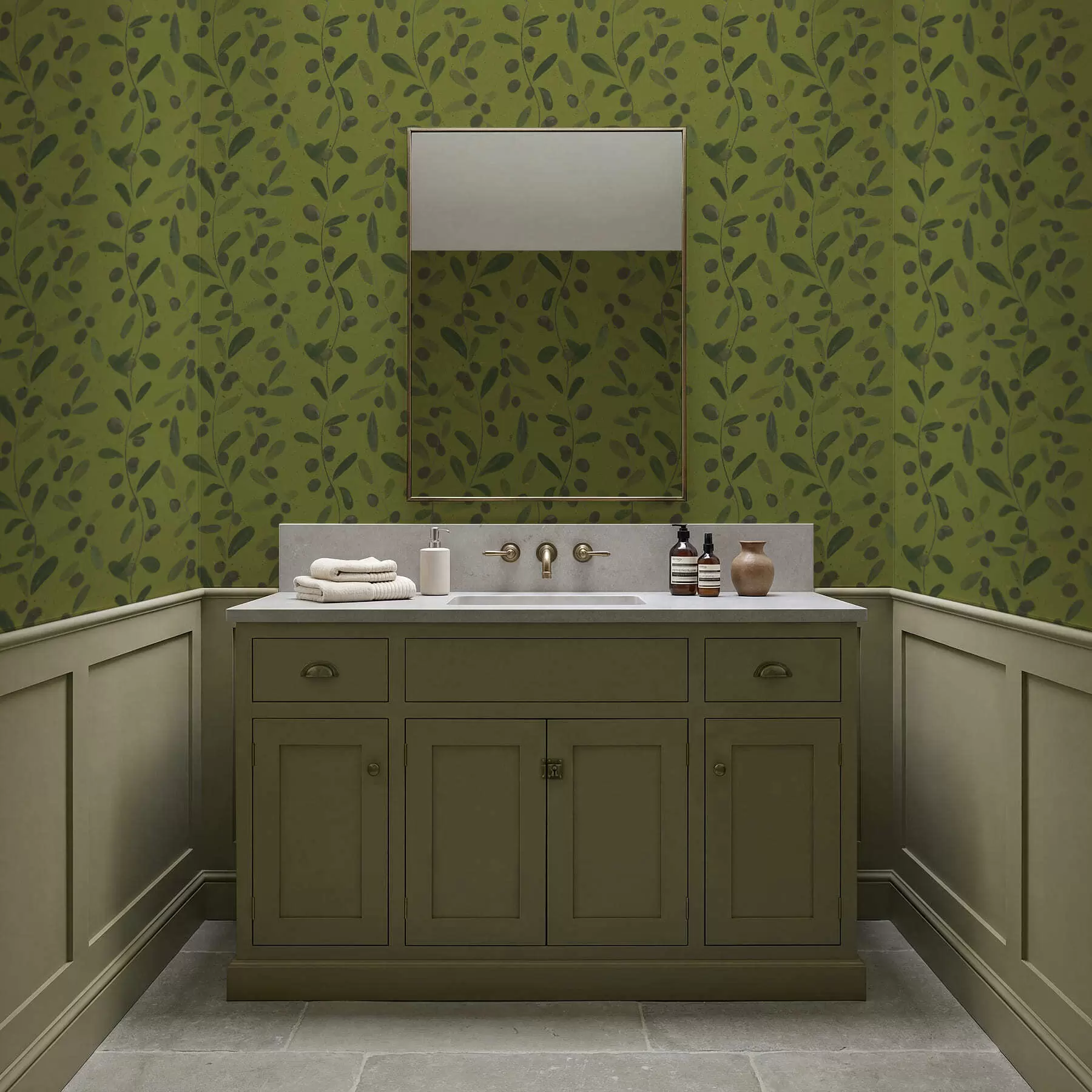 Fototapeta Zielone gałęzie z liśćmi i jagodami na oliwce a01113