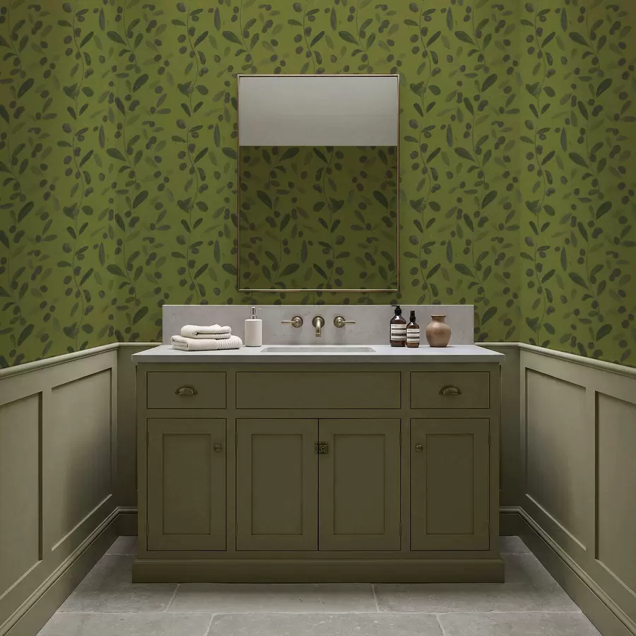 Fototapeta Zielone gałęzie z liśćmi i jagodami na oliwce a01113