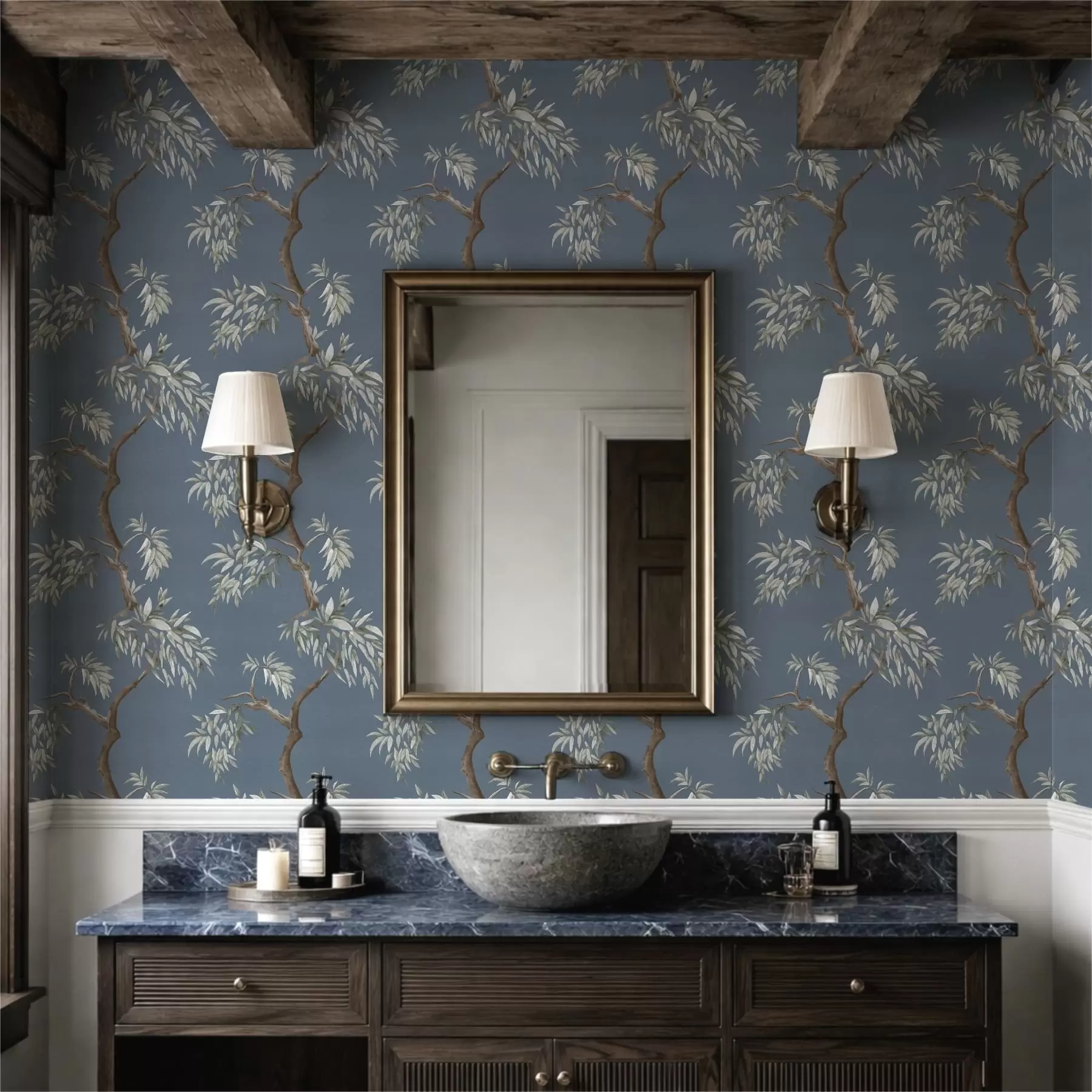 Fototapeta Gałąź drzewa z liśćmi na niebieskim tle a01117