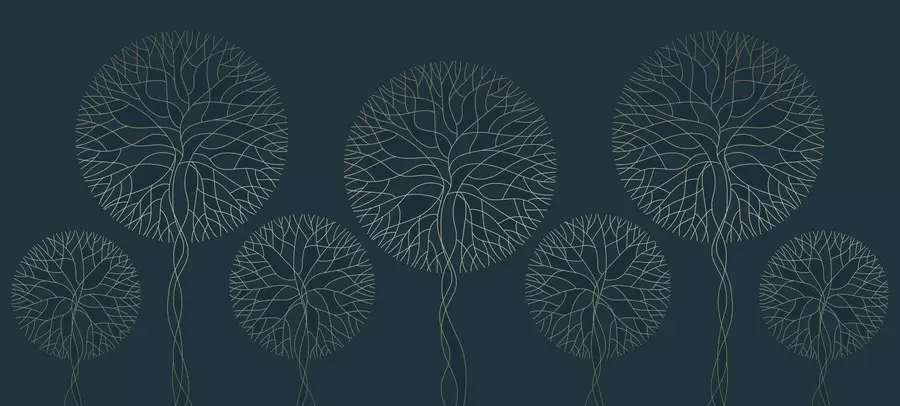 Fototapeta Fantazyjne drzewa o liniowych kształtach i bujnych koronach w eleganckich odcieniach ciemnego szmaragdu. w05213