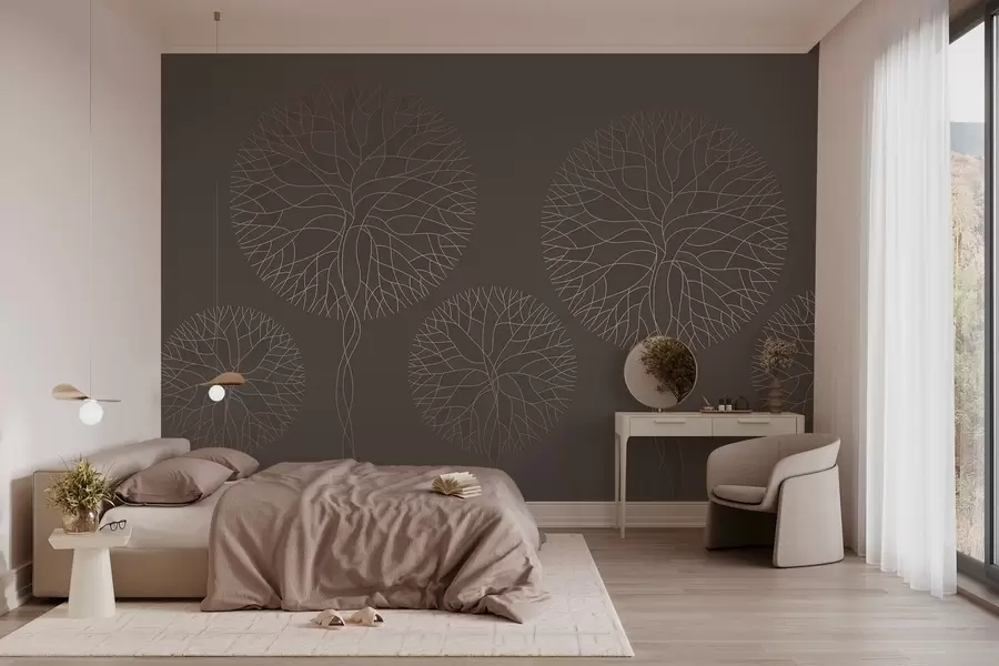 Fototapeta Fantazyjne drzewa o liniowych kształtach i bujnych koronach w eleganckich odcieniach mokki w05213v1