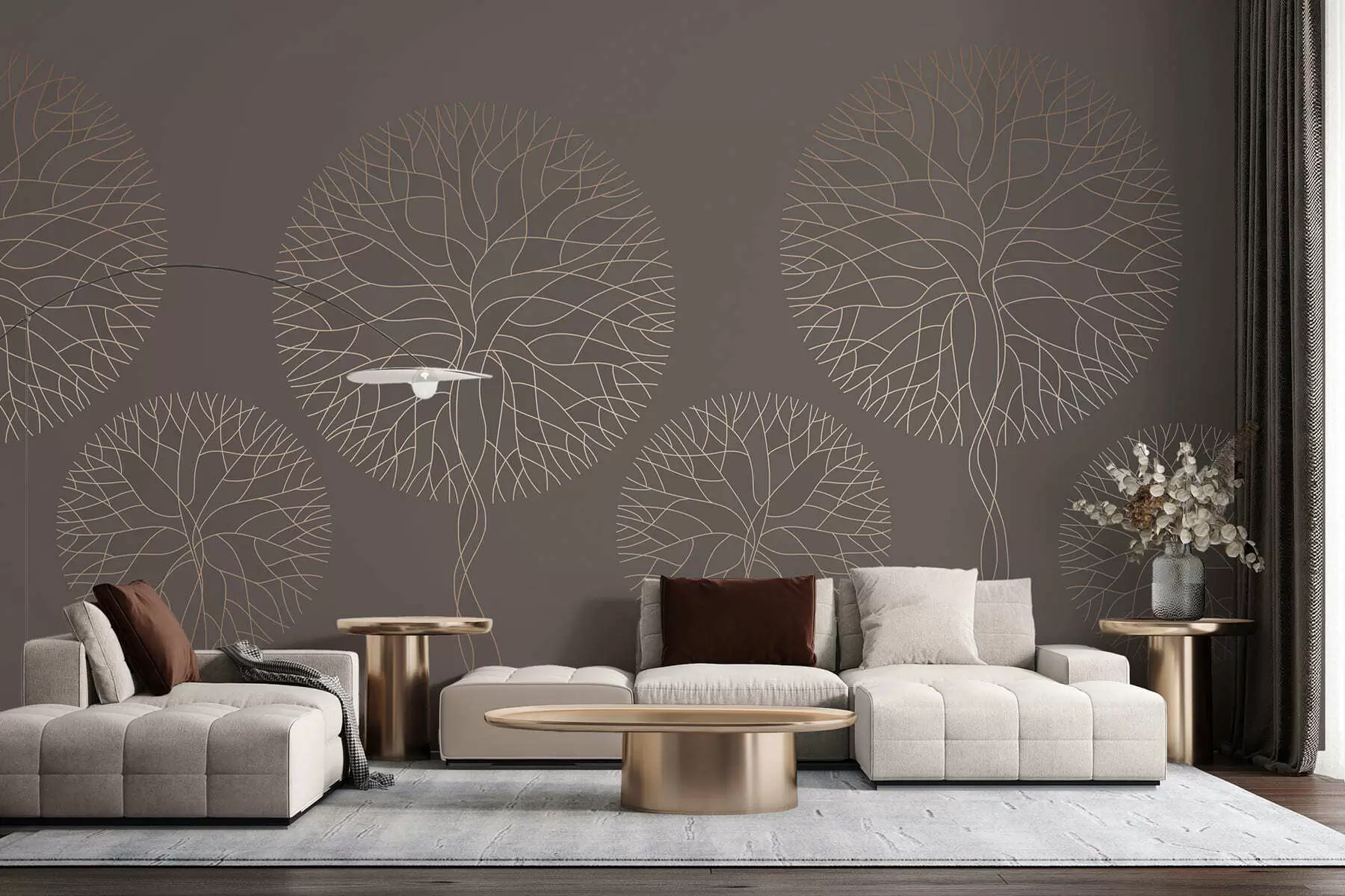 Fototapeta Fantazyjne drzewa o liniowych kształtach i bujnych koronach w eleganckich odcieniach mokki w05213v1