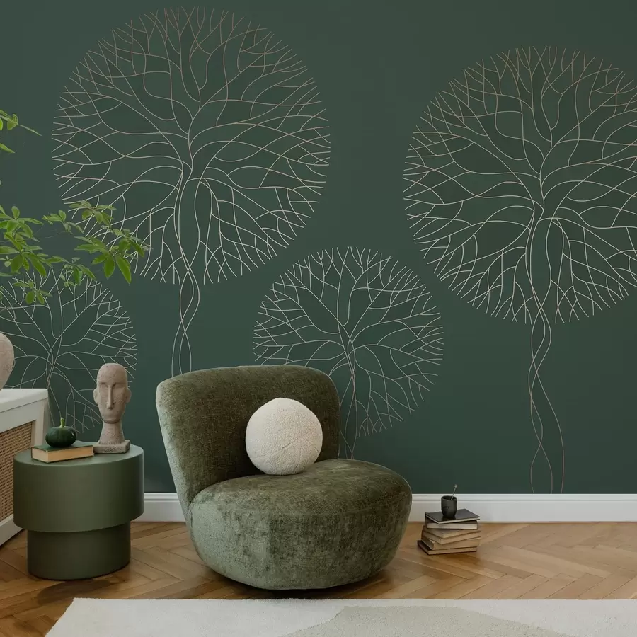 Fototapeta Fantazyjne drzewa o liniowych kształtach i bujnych koronach w eleganckich ciemnozielonych odcieniach w05213v2
