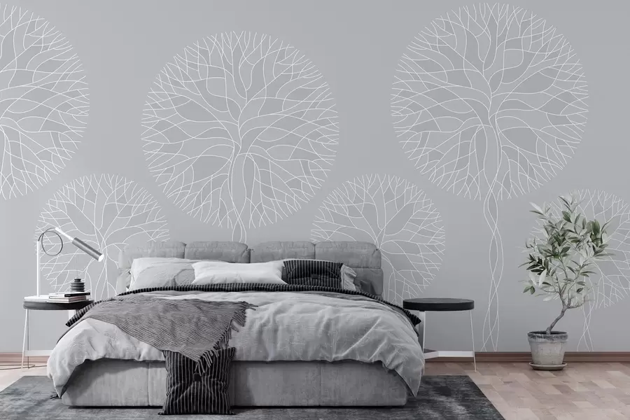 Fototapeta Fantazyjne drzewa o liniowych kształtach i bujnych koronach w jasnoszarych odcieniach w05213v4
