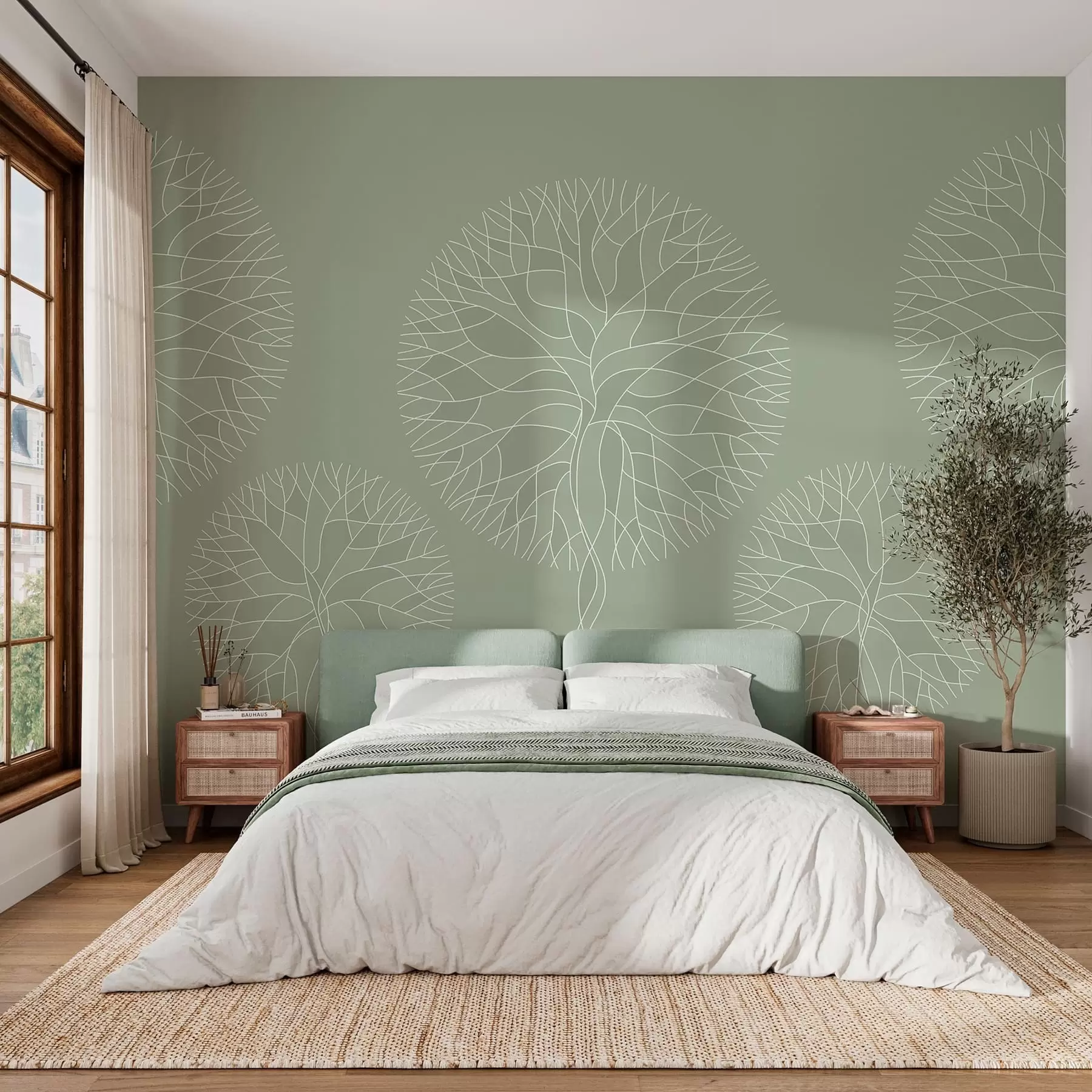 Fototapeta Fantazyjne drzewa o liniowych kształtach i bujnych koronach w jasnozielonych odcieniach w05213v6