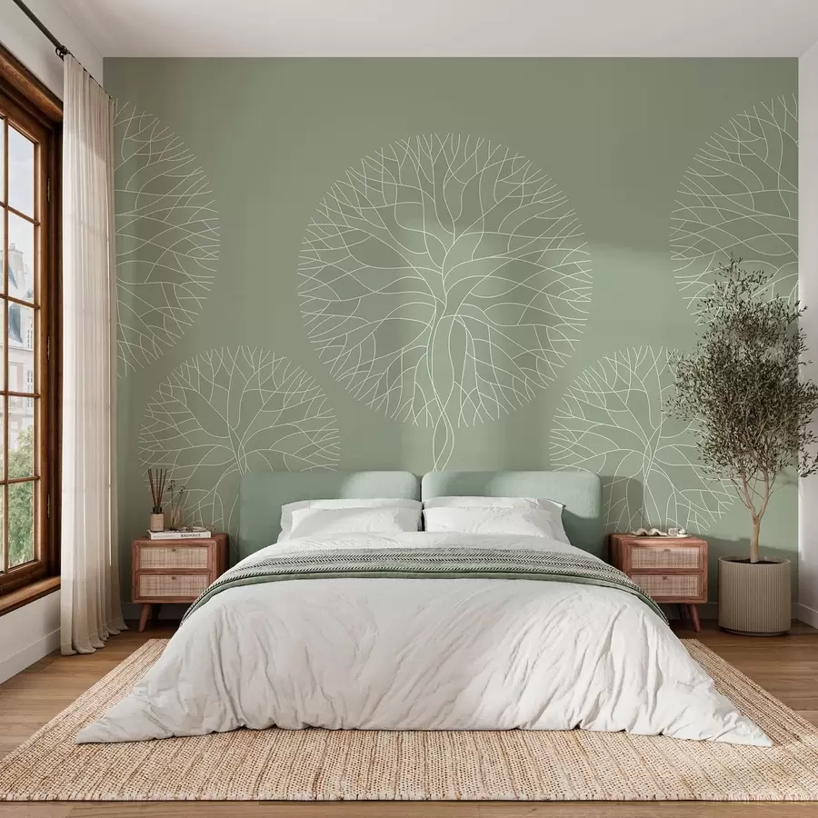 Fototapeta Fantazyjne drzewa o liniowych kształtach i bujnych koronach w jasnozielonych odcieniach w05213v6